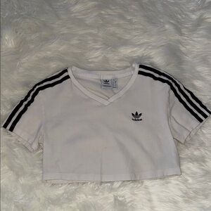 Adidas White V-Neck Tee with Black Stripes